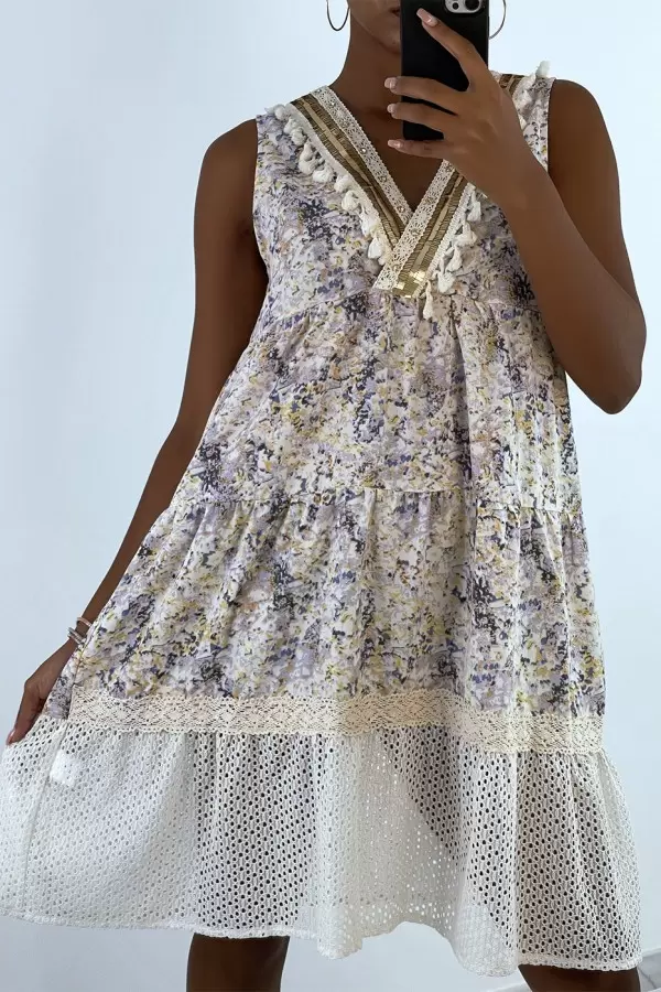 Robe dété bleue à imprimé coloré et crochet style bohème