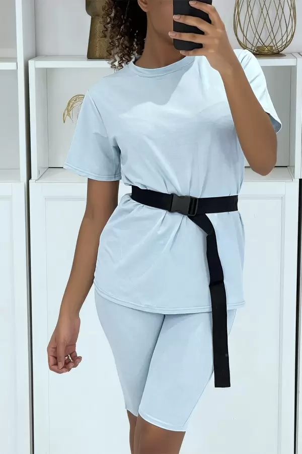 Blau T-Shirt und Radlerhose Set mit Gürtel - Perfektes Outfit für den Sommer