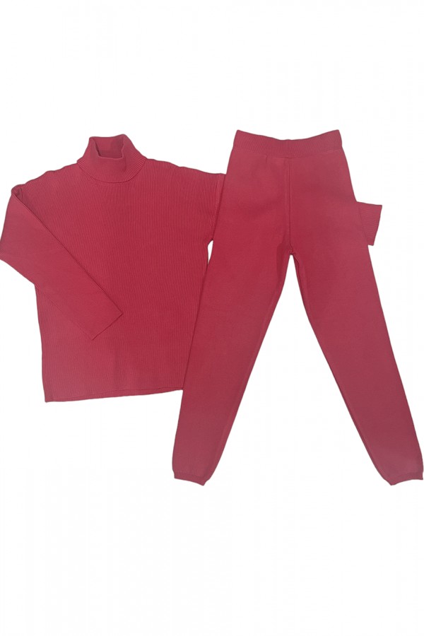 Ensemble pull col roulé over size et jegging en maille côtelé extensible fuchsia - 1