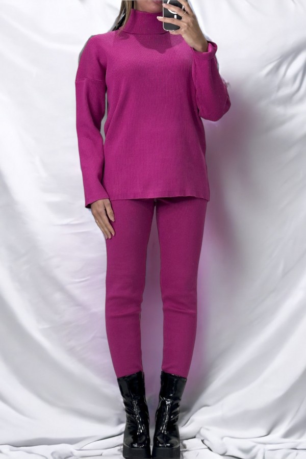 Ensemble pull col roulé over size et jegging en maille côtelé extensible fuchsia - 3