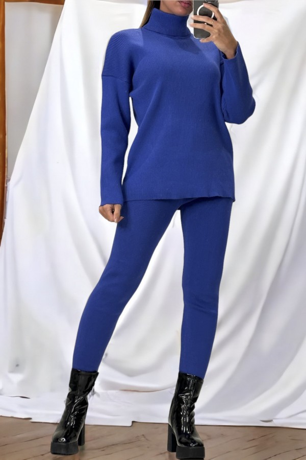 Ensemble pull col roulé over size et jegging en maille côtelé extensible royal - 1