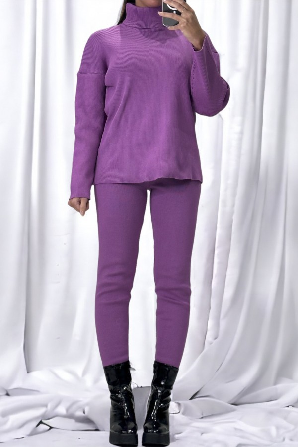 Ensemble pull col roulé over size et jegging en maille côtelé extensible violet - 2