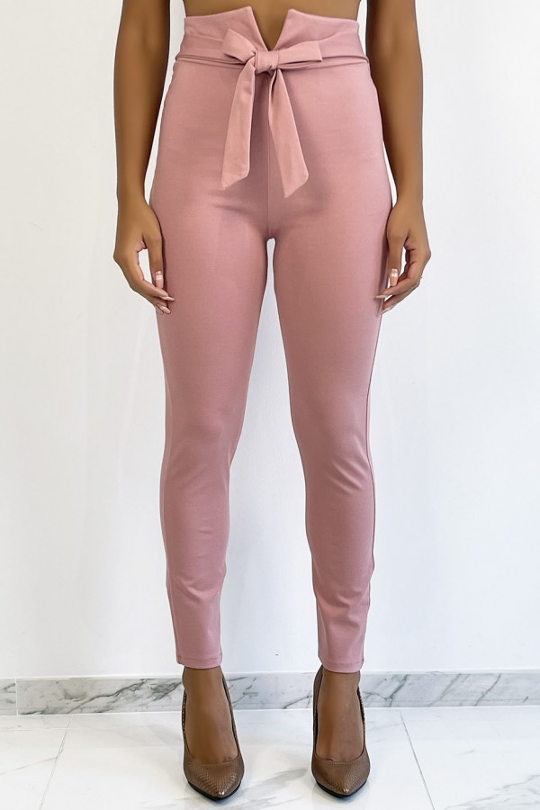 Pantalon slim rose taille haute avec ceinture et forme V - 4