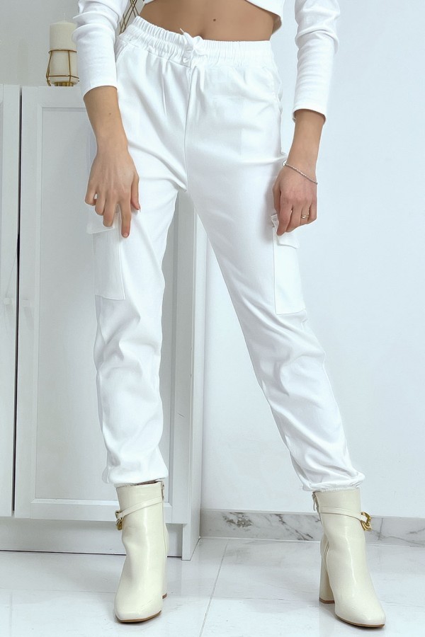 Pantalon treillis blanc en strech avec poches - 1