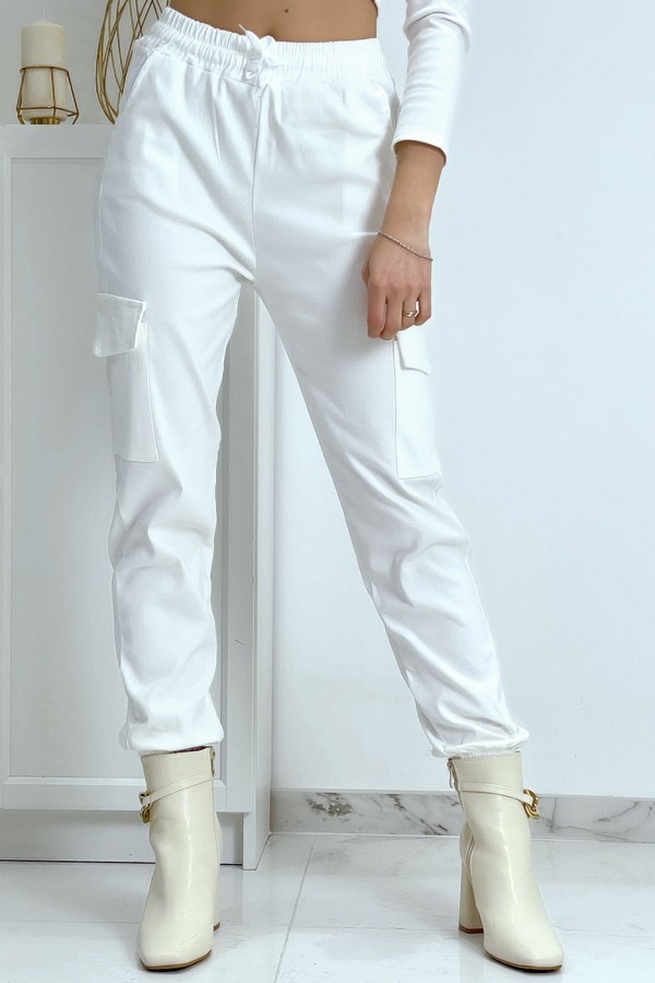 Pantalon treillis blanc en strech avec poches - 2