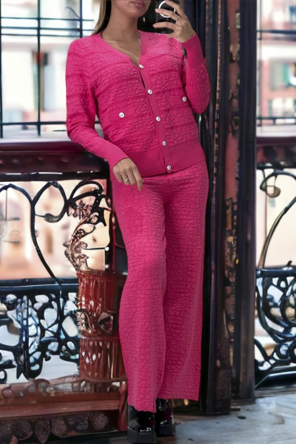 Ensemble fuchsia gilet et pantalon palazzo en jaquard très extensible - 1