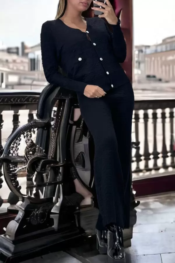 Schwarzes Jacquard-Ensemble: Gilet & Palazzo-Hose, sehr dehnbar