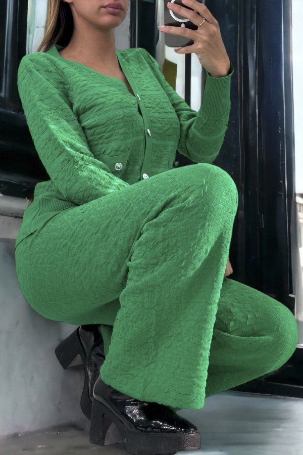 Ensemble vert gilet et pantalon palazzo en jaquard très extensible - 2