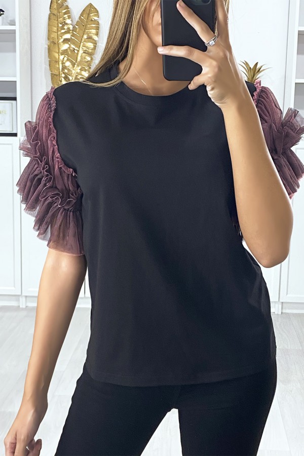 T-shirt noir avec manches en tulle lila - 3