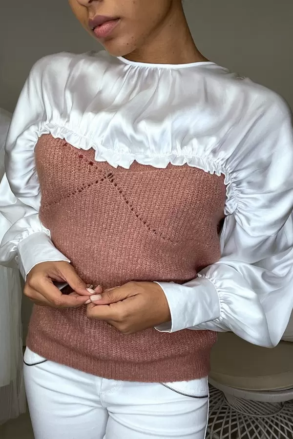 Fuchsia Satin Ruched Pull with Bust and Sleeve Detail