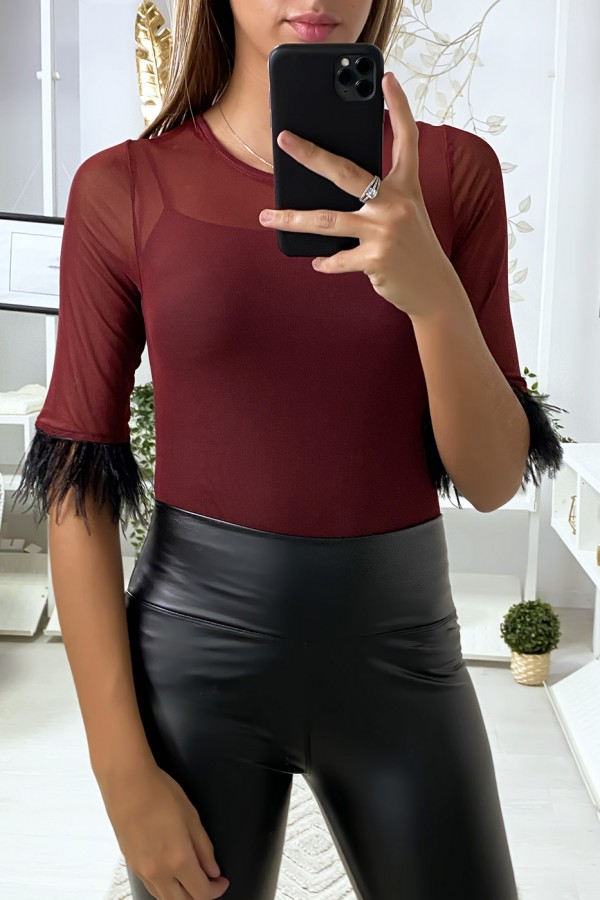 Body en tulle bordeaux avec plumes aux manches - 2