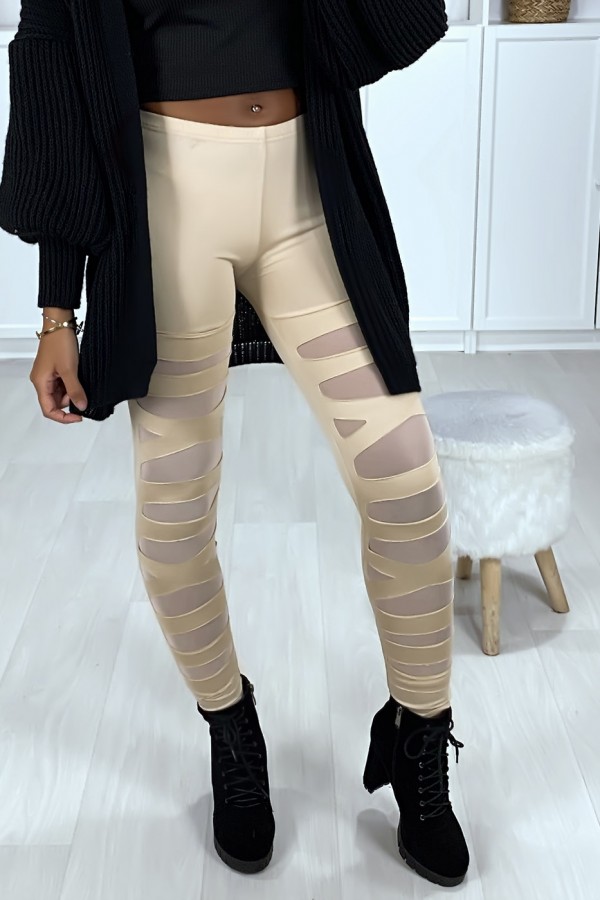 Legging beige avec joli motif coupé et doublé en résille - 5