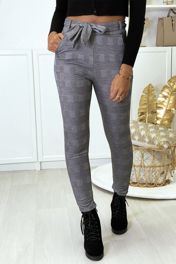 Pantalon slim à carreaux gris molletonné à l'intérieur avec poches et ceinture - 1