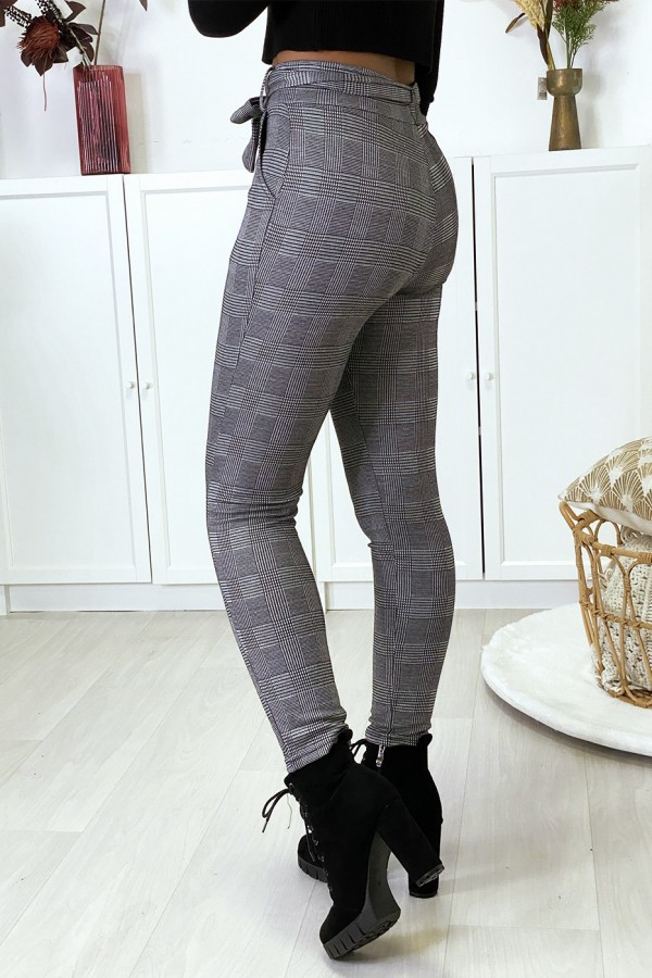 Pantalon slim à carreaux gris molletonné à l'intérieur avec poches et ceinture - 5