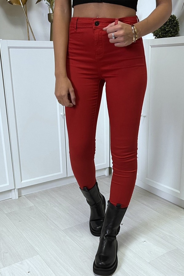 Jean slim rouge taille haute avec poches arrières - 4