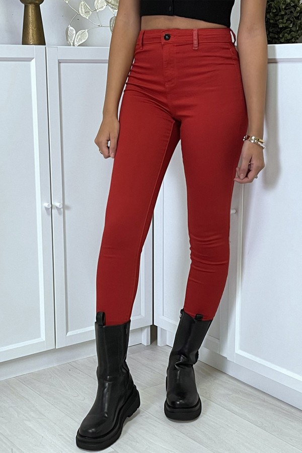 Jean slim rouge taille haute avec poches arrières - 6