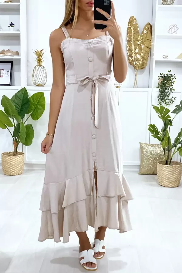Vestido beige largo con tirantes botón y cinturón - ¡Envío gratis!