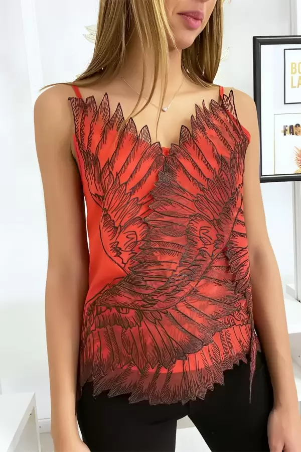 Red Tank Top with Tulle Wings Embroidery