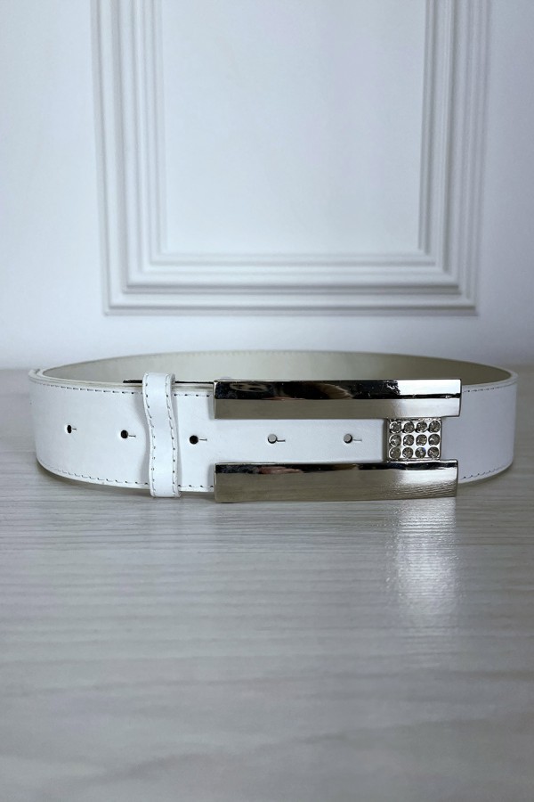 Ceinture blanche en simili avec boucle argenté avec strass - 3