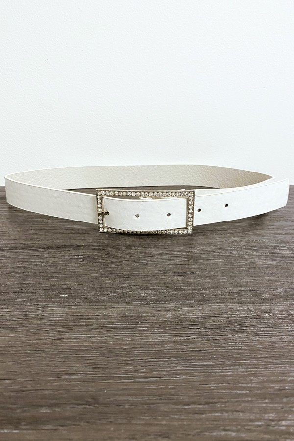 Ceinture blanche en simili avec boucle rectangulaire ornée de strass - 1