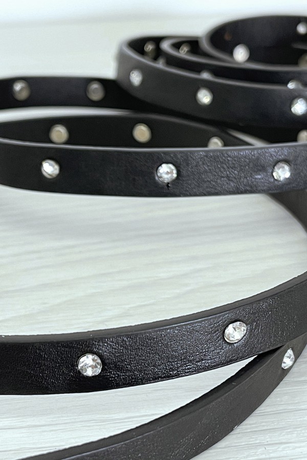 Ceinture noire fine très longue de 2 mètres à strass - 1