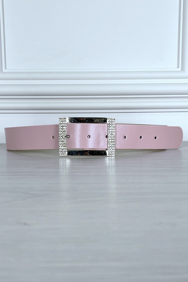 Ceinture simili rose avec boucle rectangle à strass - 1