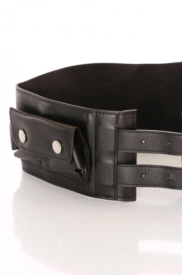 Ceinture noire large, double boucle et pochettes accessoires. D7235 - 2