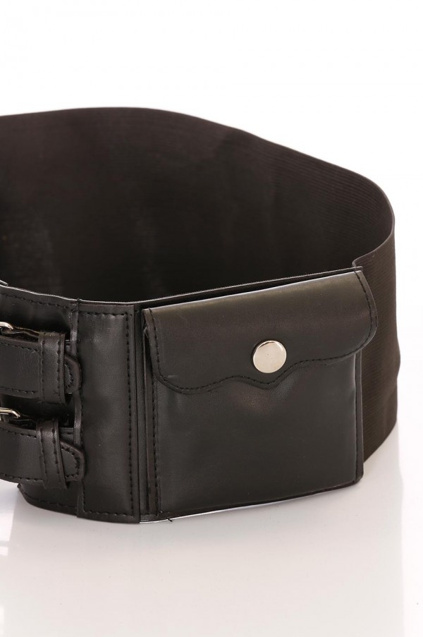 Ceinture noire large, double boucle et pochettes accessoires. D7235 - 3