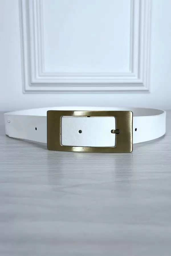 Ceinture blanche en simili avec boucle cuivré rectangle - 2