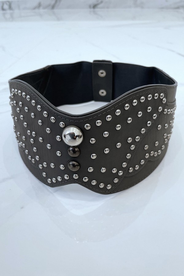 Ceinture à clou en simili cuir gris style bohème rock - 4