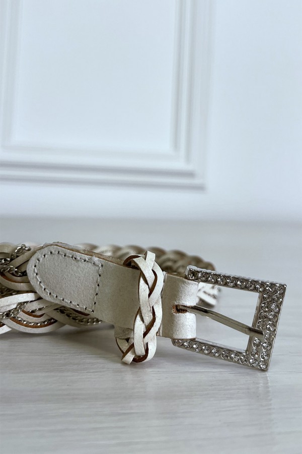 Fine ceinture beige tréssé en simili avec chêne - 5