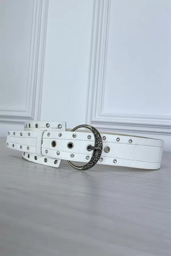 Ceinture blanche en simili avec strass et oeillet
