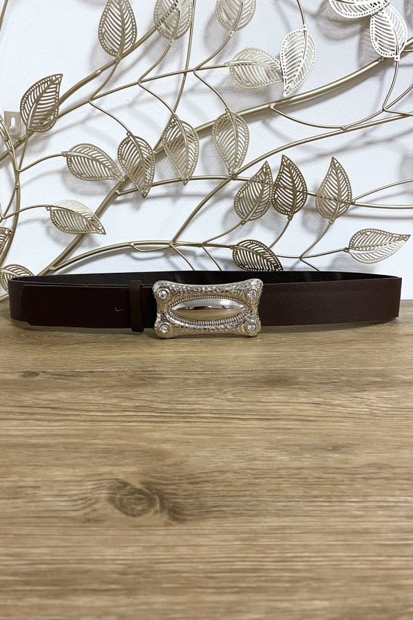 Ceinture marron en simili avec boucle rectangulaire argenté - 1