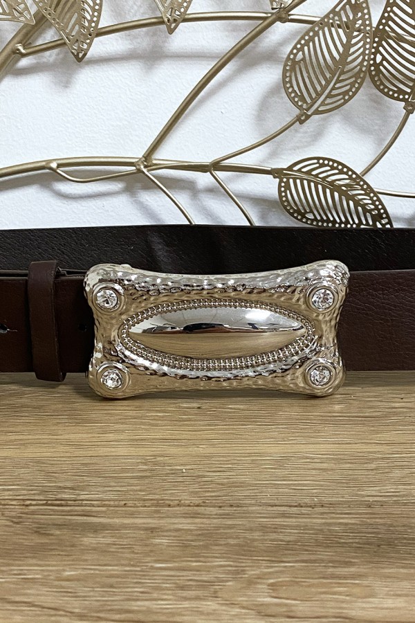 Ceinture marron en simili avec boucle rectangulaire argenté - 2