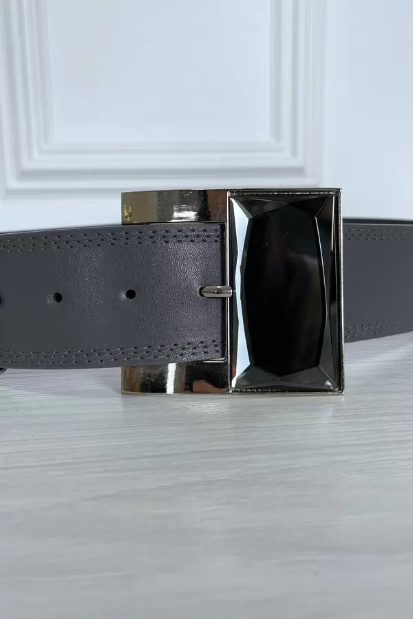 Ceinture grise en simili avec boucle argenté en verre - 4