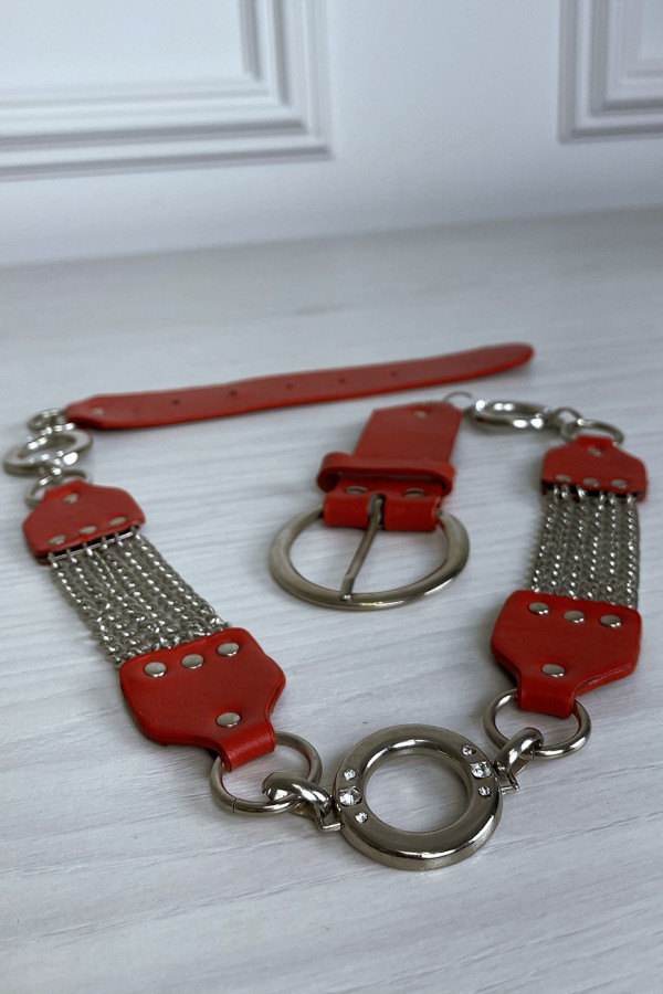 Ceinture rouge en simili avec chêne et accessoire argenté - 3