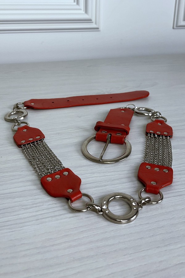 Ceinture rouge en simili avec chêne et accessoire argenté - 5