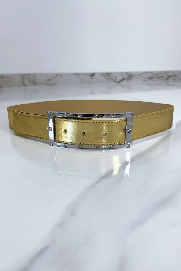 Ceinture doré avec boucle rectangle strass et argenté - 1