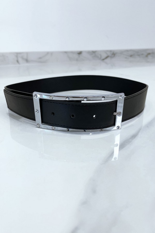 Ceinture noire avec boucle rectangle strass et argenté - 3