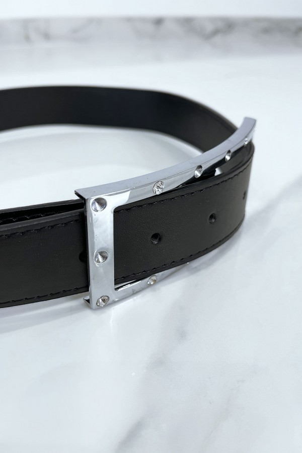 Ceinture noire avec boucle rectangle strass et argenté - 4