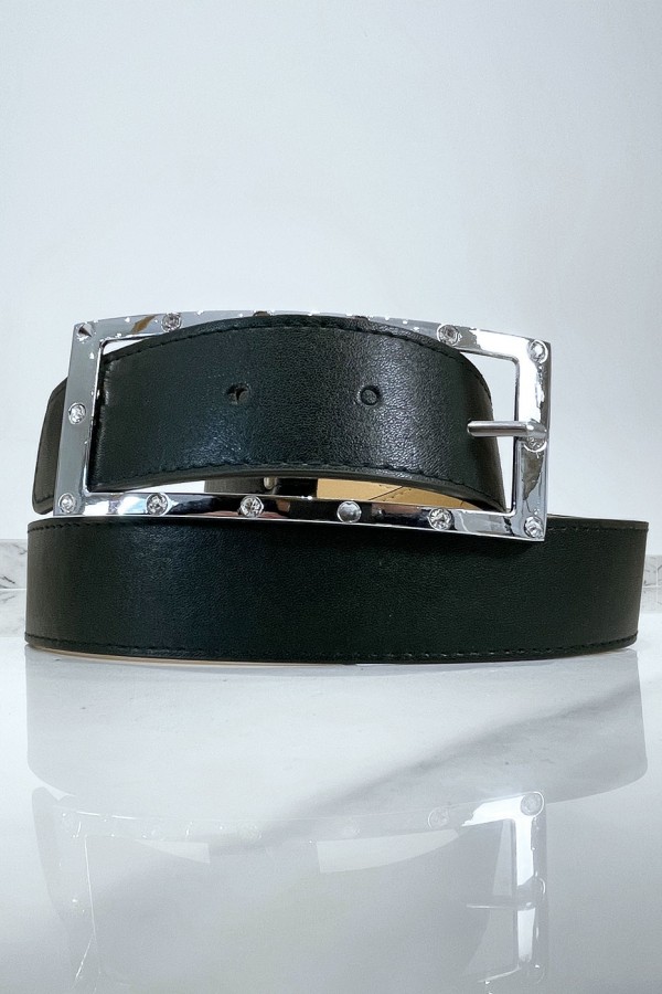 Ceinture noire avec boucle rectangle strass et argenté - 11