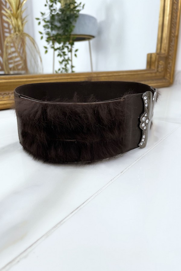 Ceinture élastique marron avec accessoire et plume - 7