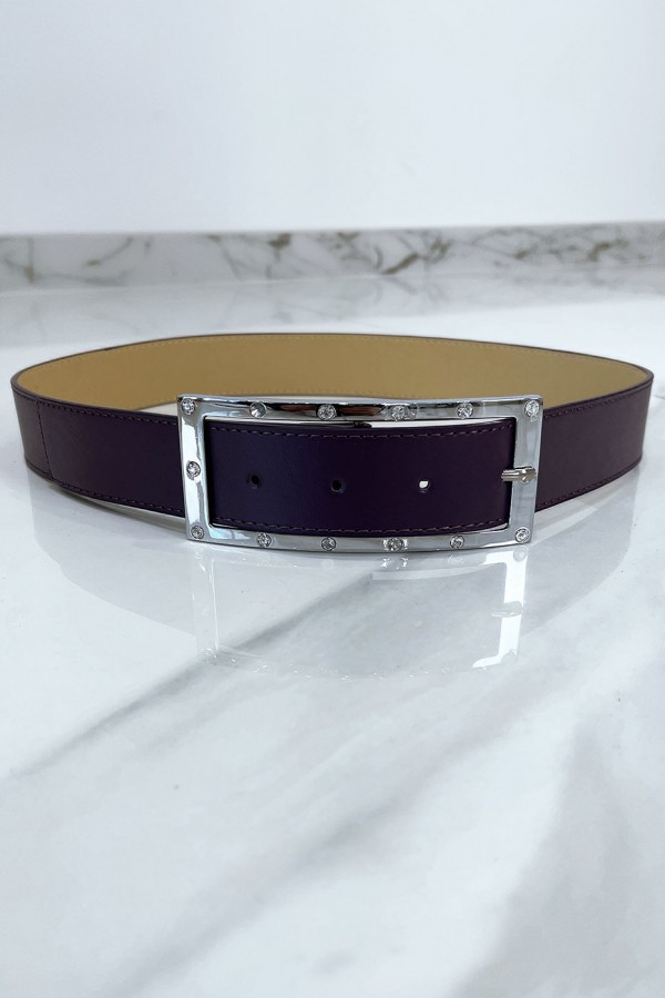 Ceinture violette avec boucle rectangle strass et argenté - 1