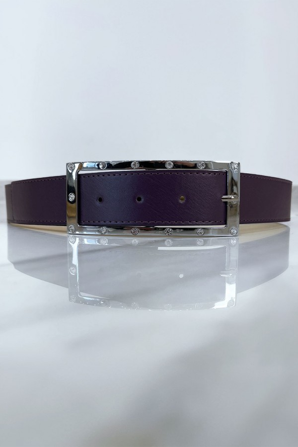 Ceinture violette avec boucle rectangle strass et argenté - 2