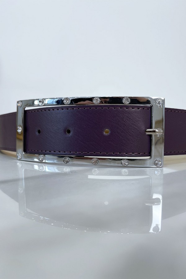 Ceinture violette avec boucle rectangle strass et argenté - 3