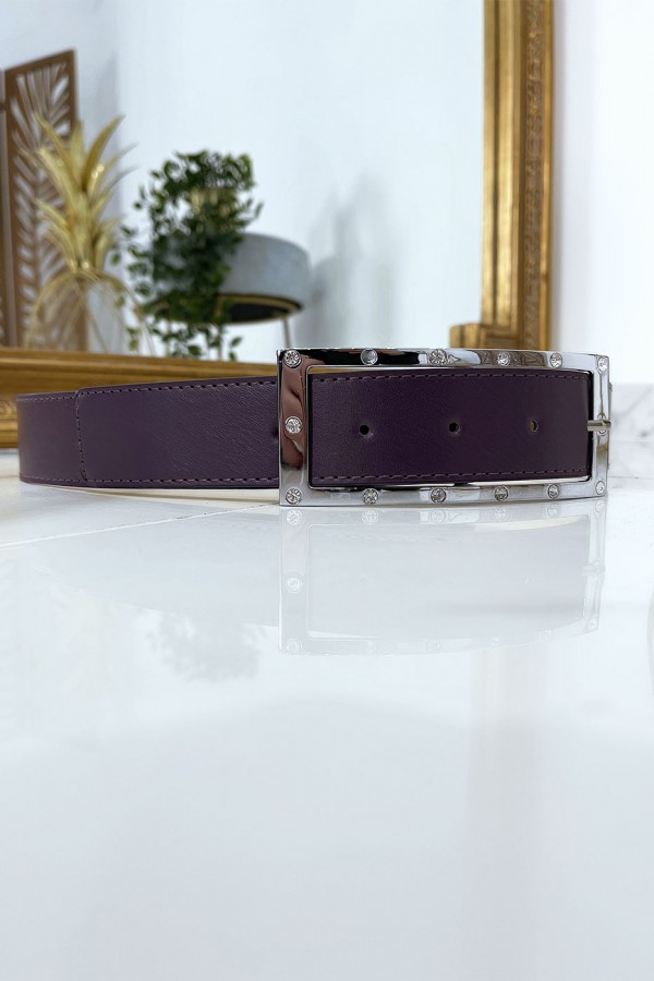 Ceinture violette avec boucle rectangle strass et argenté - 4