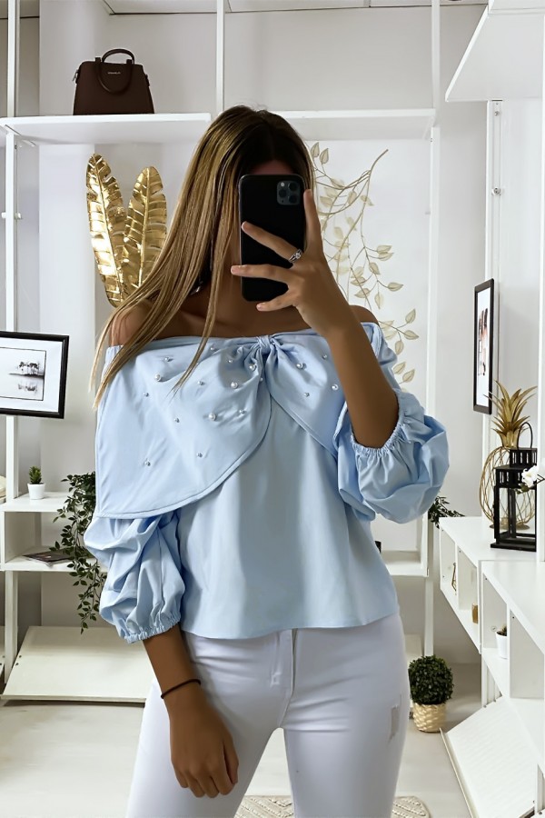 Blouse bleu avec papillons ornée de strass à l'avant - 3