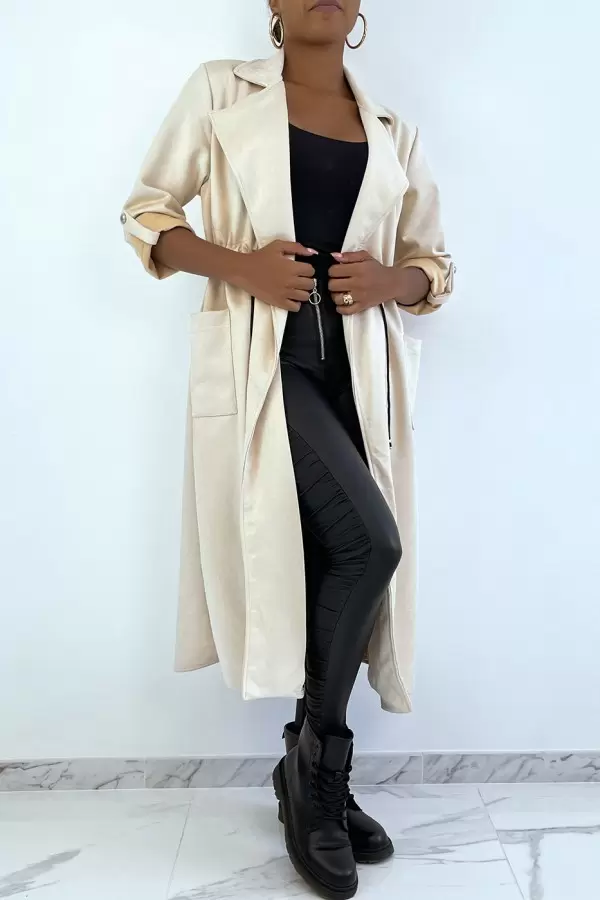 Manteau trench en suédine beige ajustable à la taille - 4