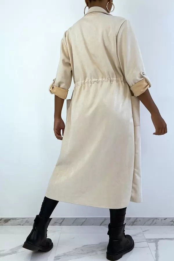 Manteau trench en suédine beige ajustable à la taille - 5