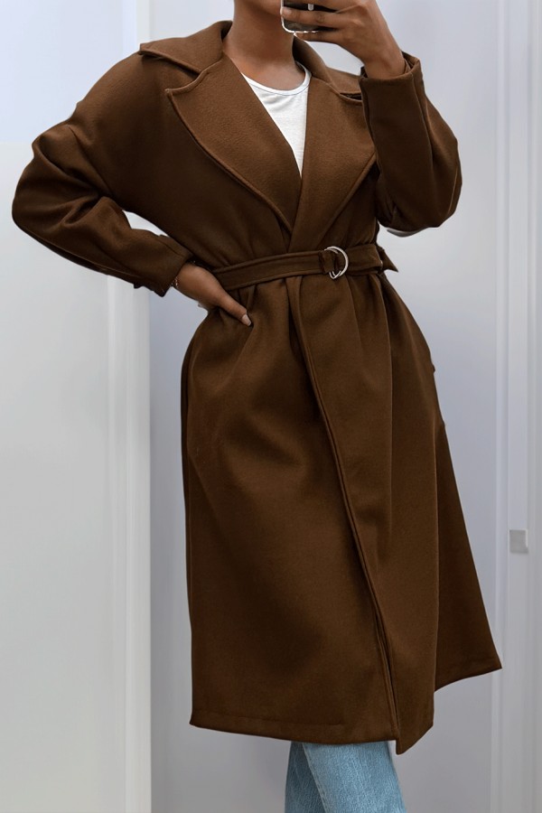 Long manteau marron avec ceinture et poches - 5